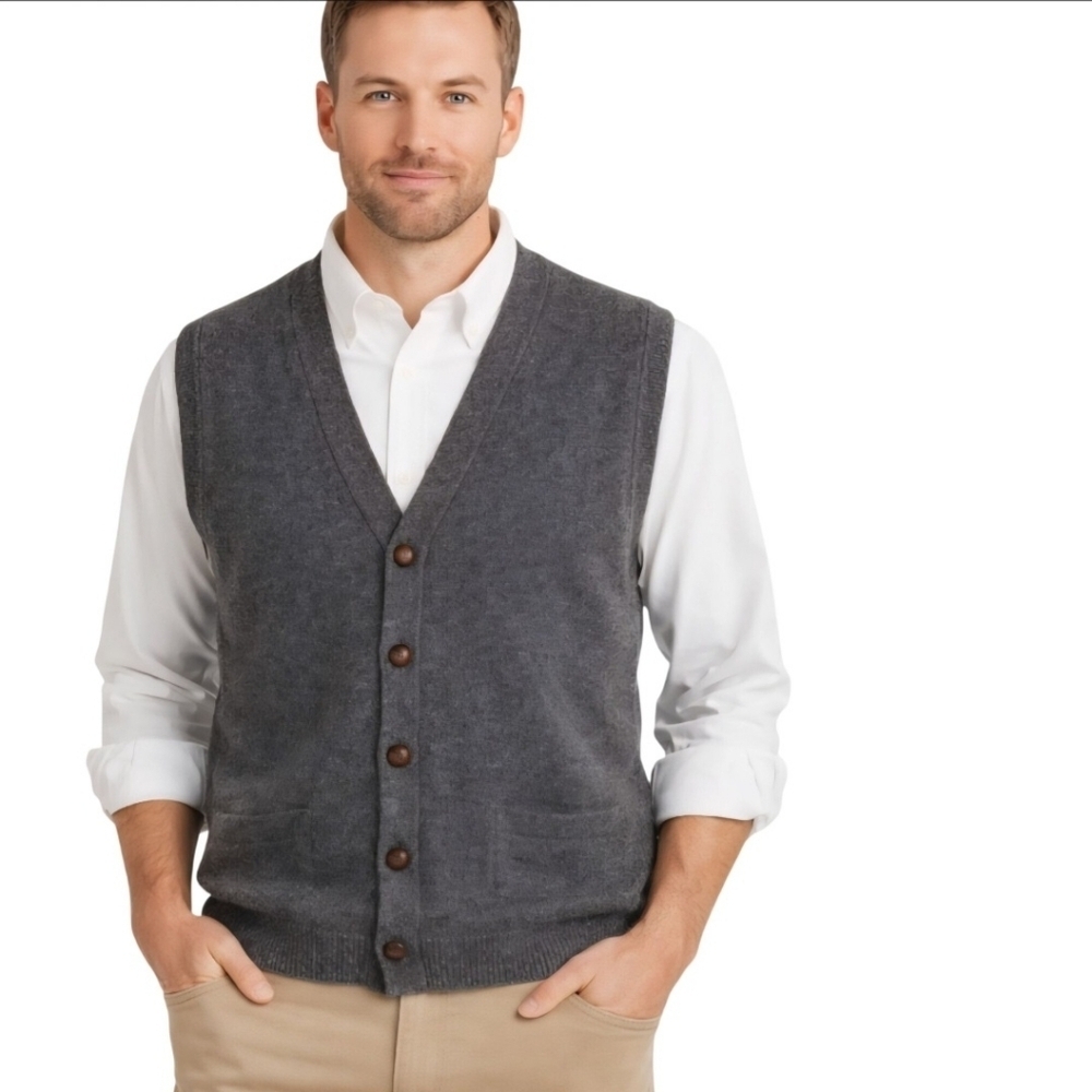 L.L. Bean Vintage Pure New Wool Gray Made In Scotland Sweater Vest Size MT